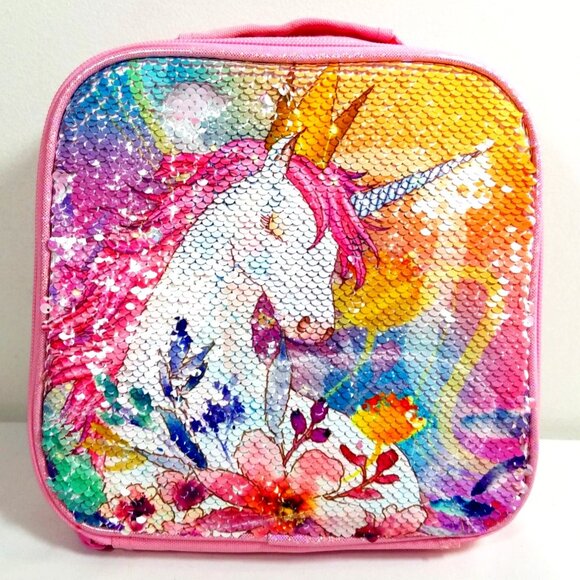 Unicorn Mermaid Pink Reversible Sequin Insulated Lunch Bag For Girls - Picture 1 of 9